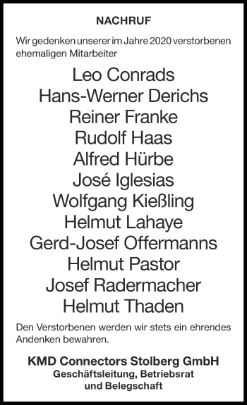 Traueranzeige von Nachruf KMD Connectors Stolberg GmbH von Zeitung am Sonntag