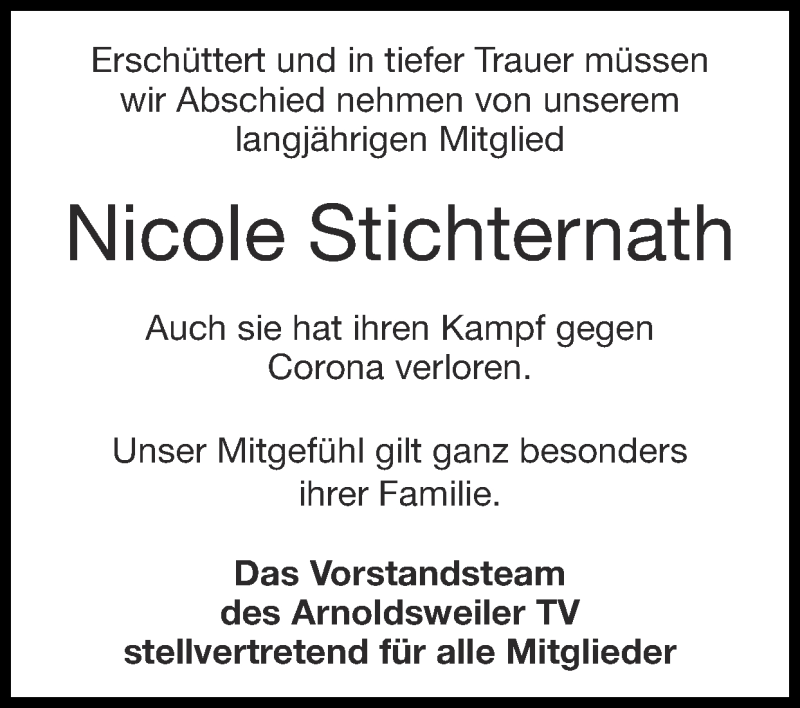  Traueranzeige für Nicole Stichternath vom 31.01.2021 aus Zeitung am Sonntag
