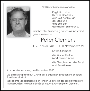 Traueranzeige von Peter Clemens von Zeitung am Sonntag