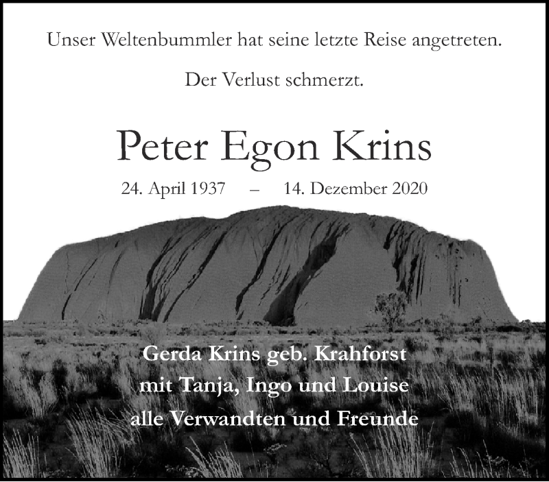  Traueranzeige für Peter Egon Krins vom 02.01.2021 aus Aachener Zeitung / Aachener Nachrichten