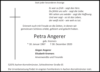 Traueranzeige von Petra Angerer von Aachener Zeitung / Aachener Nachrichten