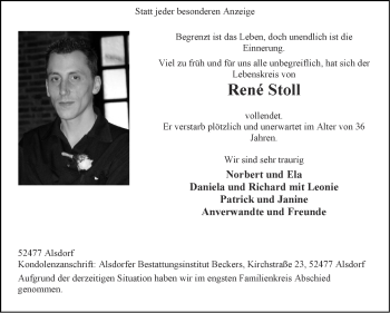 Traueranzeige von René Stoll von Zeitung am Sonntag