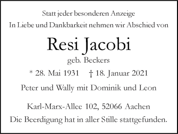 Traueranzeige von Resi Jacobi von Zeitung am Sonntag