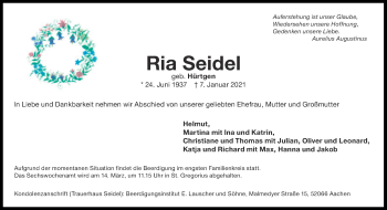 Traueranzeige von Ria Seidel von Aachener Zeitung / Aachener Nachrichten