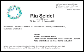 Traueranzeige von Ria Seidel von Zeitung am Sonntag