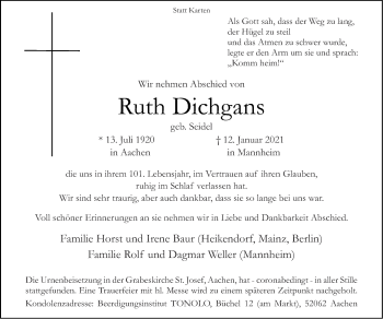 Traueranzeige von Ruth Dichgans von Aachener Zeitung / Aachener Nachrichten