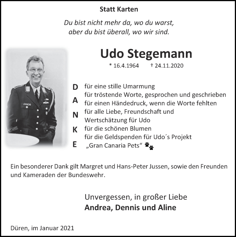  Traueranzeige für Udo Stegemann vom 10.01.2021 aus Zeitung am Sonntag