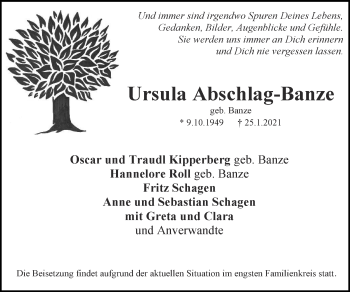 Traueranzeige von Ursula Abschlag-Banze von Zeitung am Sonntag