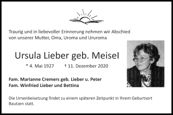 Traueranzeige von Ursula Lieber von Zeitung am Sonntag