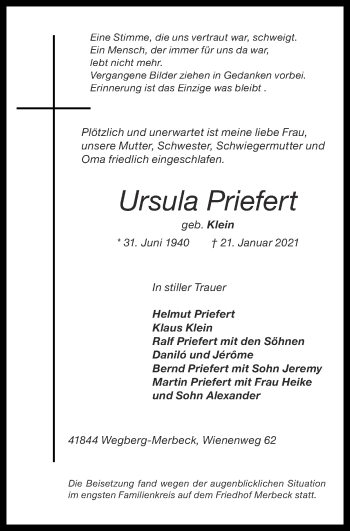 Traueranzeige von Ursula Priefert von Zeitung am Sonntag