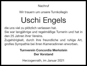 Traueranzeige von Uschi Engels von Zeitung am Sonntag