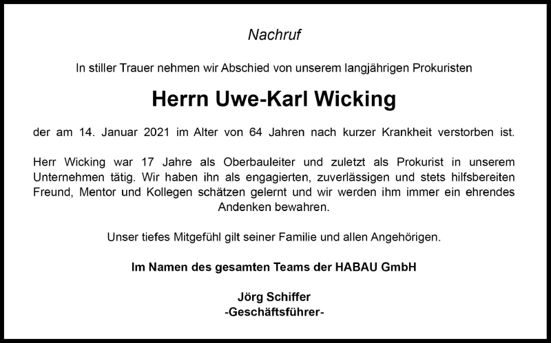  Traueranzeige für Uwe-Karl Wicking vom 23.01.2021 aus Aachener Zeitung / Aachener Nachrichten
