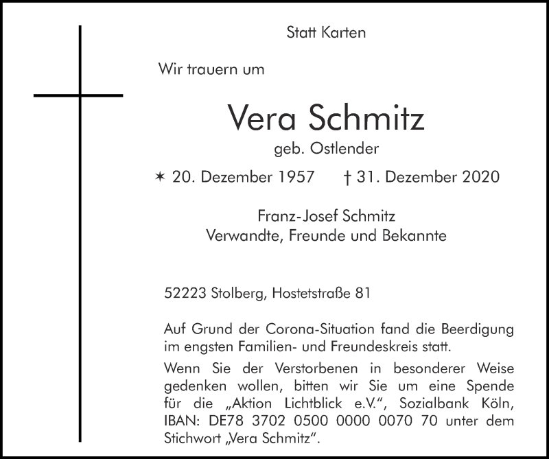  Traueranzeige für Vera Schmitz vom 24.01.2021 aus Zeitung am Sonntag