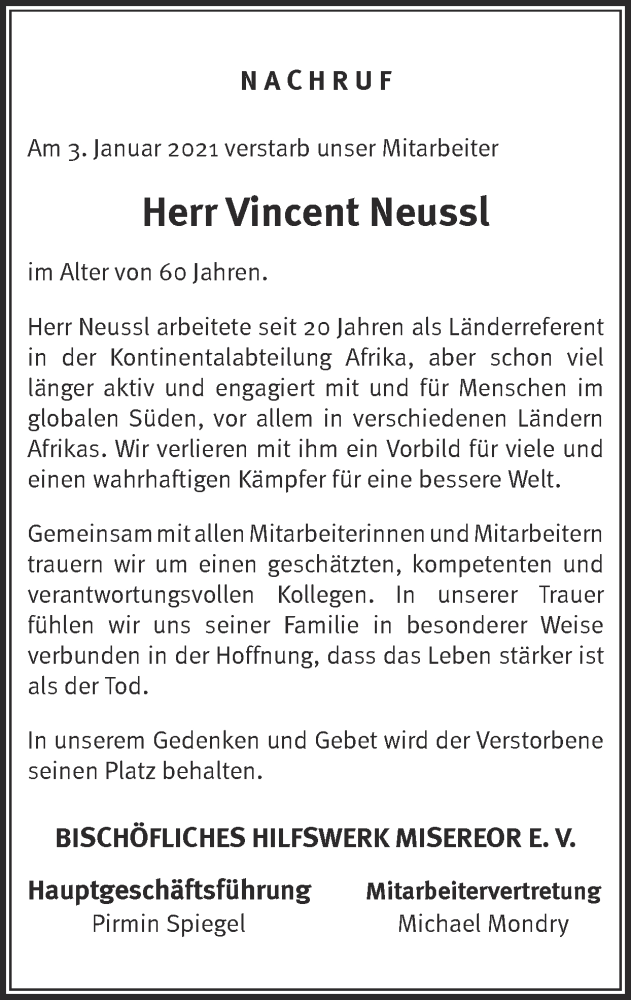  Traueranzeige für Vincent Neussl vom 24.01.2021 aus Zeitung am Sonntag