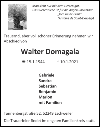 Traueranzeige von Walter Domagala von Zeitung am Sonntag