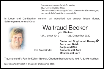 Traueranzeige von Waltraud Becker von Zeitung am Sonntag