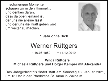 Traueranzeige von Werner Rüttgers von Zeitung am Sonntag