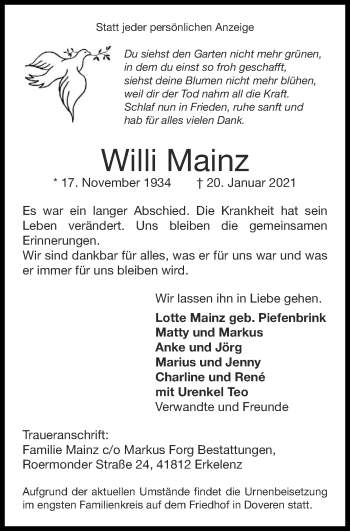 Traueranzeige von Willi Mainz von Zeitung am Sonntag