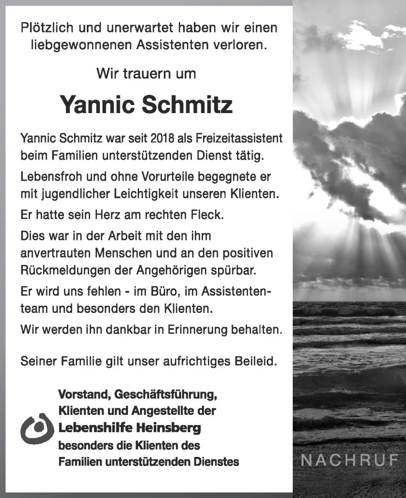  Traueranzeige für Yannic Schmitz vom 03.01.2021 aus Zeitung am Sonntag