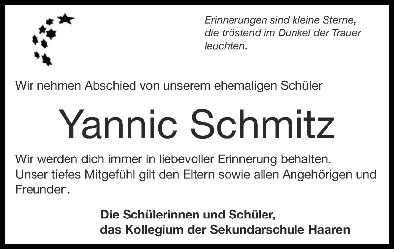  Traueranzeige für Yannic Schmitz vom 17.01.2021 aus Zeitung am Sonntag