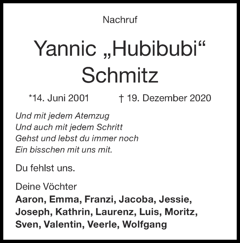  Traueranzeige für Yannic Schmitz vom 24.01.2021 aus Zeitung am Sonntag