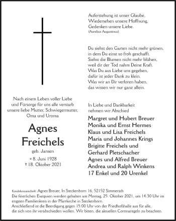 Traueranzeige von Agnes Freichels von Zeitung am Sonntag