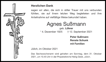 Traueranzeige von Agnes Sußmann von Zeitung am Sonntag