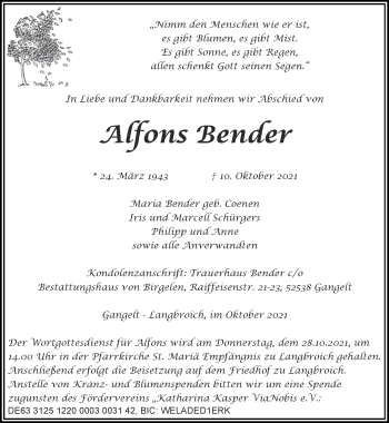 Traueranzeige von Alfons Bender von Zeitung am Sonntag