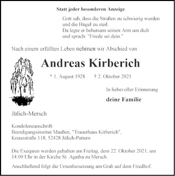 Traueranzeige von Andreas Kirberich von Zeitung am Sonntag