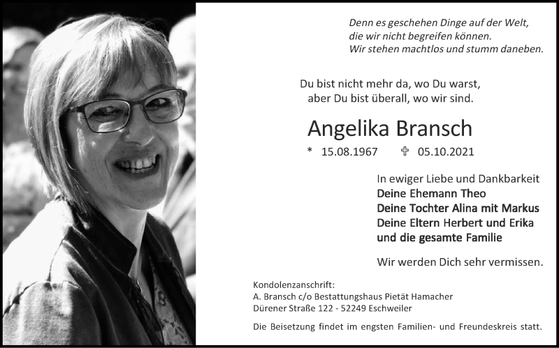  Traueranzeige für Angelika Bransch vom 24.10.2021 aus Zeitung am Sonntag