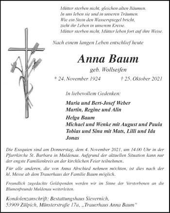 Traueranzeige von Anna Baum von Zeitung am Sonntag