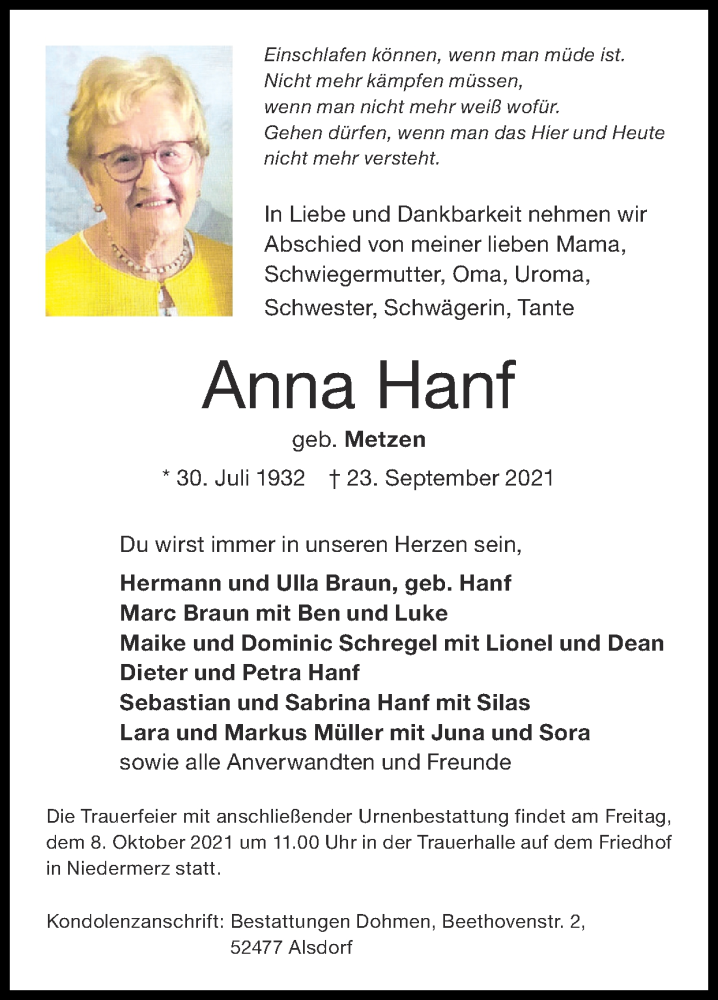  Traueranzeige für Anna Hanf vom 03.10.2021 aus Zeitung am Sonntag
