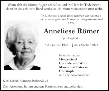 Traueranzeige von Anneliese Römer von Zeitung am Sonntag