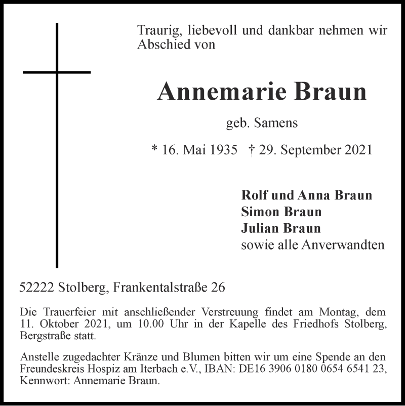  Traueranzeige für Annemarie Braun vom 03.10.2021 aus Zeitung am Sonntag