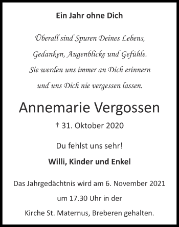 Traueranzeige von Annemarie Vergossen von Zeitung am Sonntag