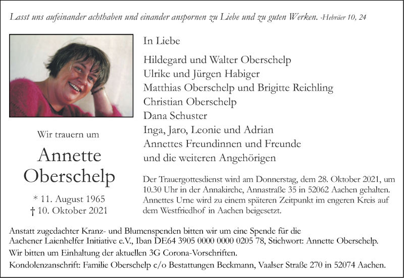  Traueranzeige für Annette Oberschelp vom 23.10.2021 aus Aachener Zeitung / Aachener Nachrichten