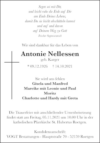 Traueranzeige von Antonie Nellessen von Aachener Zeitung / Aachener Nachrichten