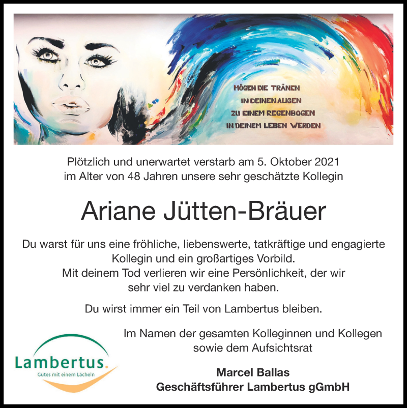  Traueranzeige für Ariane Jütten-Bräuer vom 10.10.2021 aus Zeitung am Sonntag