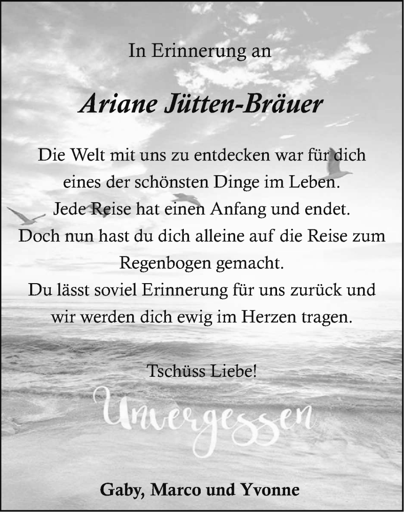  Traueranzeige für Ariane Jütten-Bräuer vom 10.10.2021 aus Zeitung am Sonntag