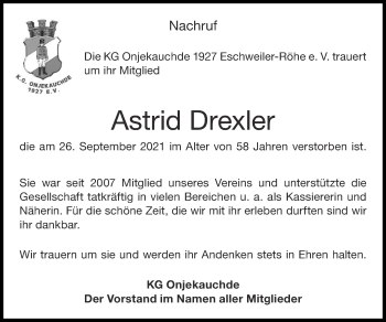 Traueranzeige von Astrid Drexler von Zeitung am Sonntag