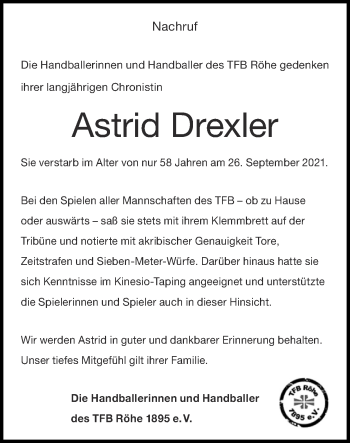 Traueranzeige von Astrid Drexler von Zeitung am Sonntag