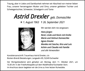 Traueranzeige von Astrid Drexler von Zeitung am Sonntag