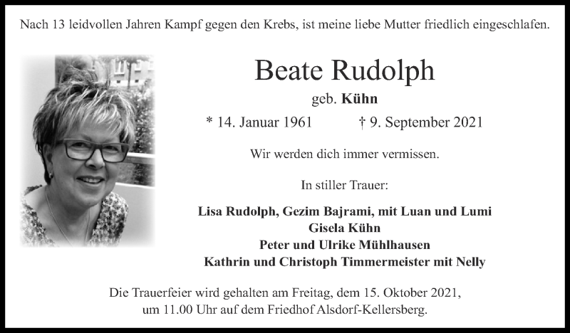  Traueranzeige für Beate Rudolph vom 10.10.2021 aus Zeitung am Sonntag