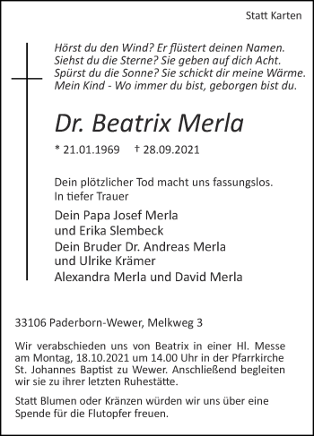 Traueranzeige von Beatrix Merla von Zeitung am Sonntag