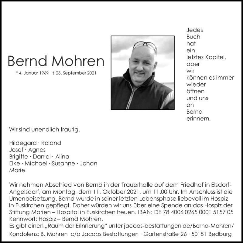  Traueranzeige für Bernd Mohren vom 03.10.2021 aus Zeitung am Sonntag
