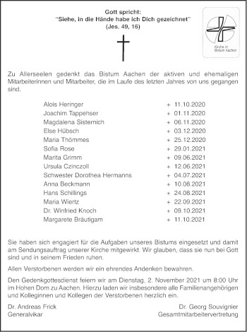 Traueranzeige von Bistum Aachen  von Aachener Zeitung / Aachener Nachrichten