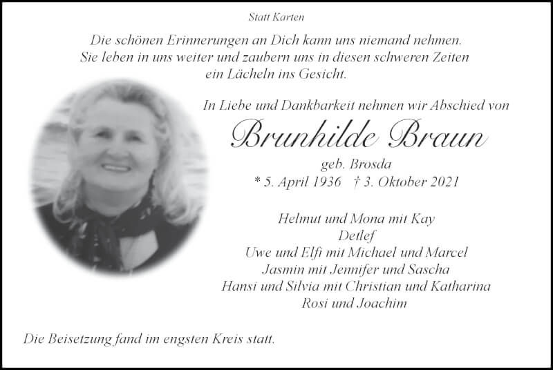  Traueranzeige für Brunhilde Braun vom 17.10.2021 aus Zeitung am Sonntag