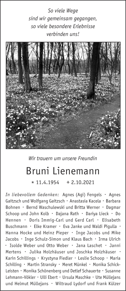  Traueranzeige für Bruni Lienemann vom 09.10.2021 aus Aachener Zeitung / Aachener Nachrichten