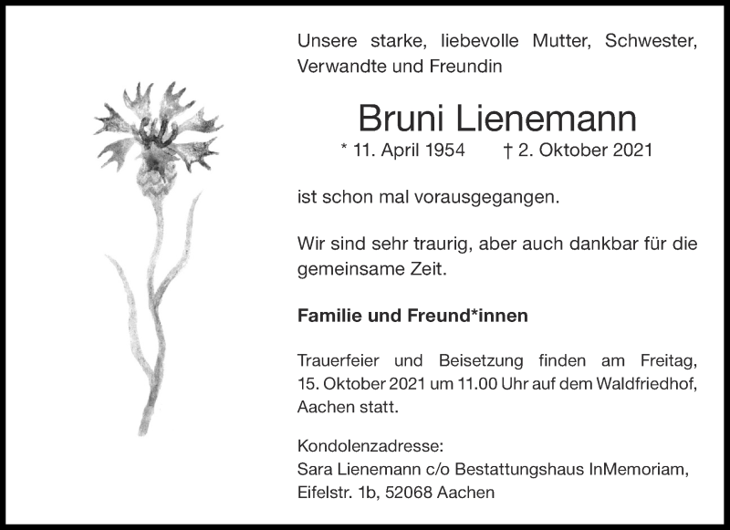  Traueranzeige für Bruni Lienemann vom 09.10.2021 aus Aachener Zeitung / Aachener Nachrichten