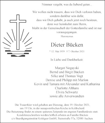 Traueranzeige von Dieter Bücken von Zeitung am Sonntag